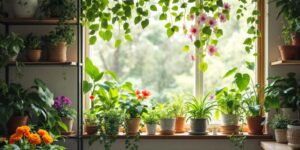 Kleine Wohnung mit vielen Pflanzen auf Regalen.