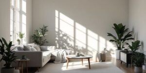 Minimalist Wohnraum mit neutralen Farben und einfacher Einrichtung.