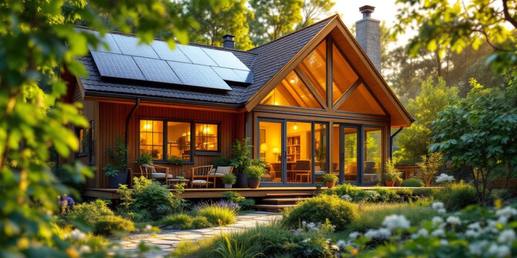 Energieeffizientes Zuhause mit Solarpanelen und grünem Garten.