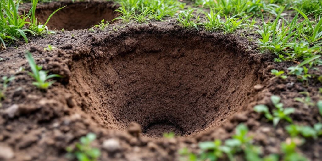 Große Löcher im Garten mit aufgewühlter Erde.