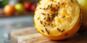 Nahaufnahme eines Fruchtfliegen Nests auf Obst.