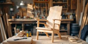 Werkbank mit Werkzeug und unvollständigem Stuhl